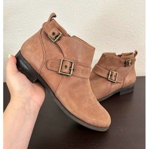 Vionic Boots Womens 11 Logan Ankle Booties Brown Leather Causal Zip Buckle